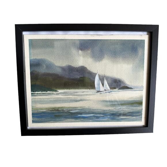 Luella Morgenthaler Listed Artist Signed Watercolor Sailboat Race Stormy Harbor